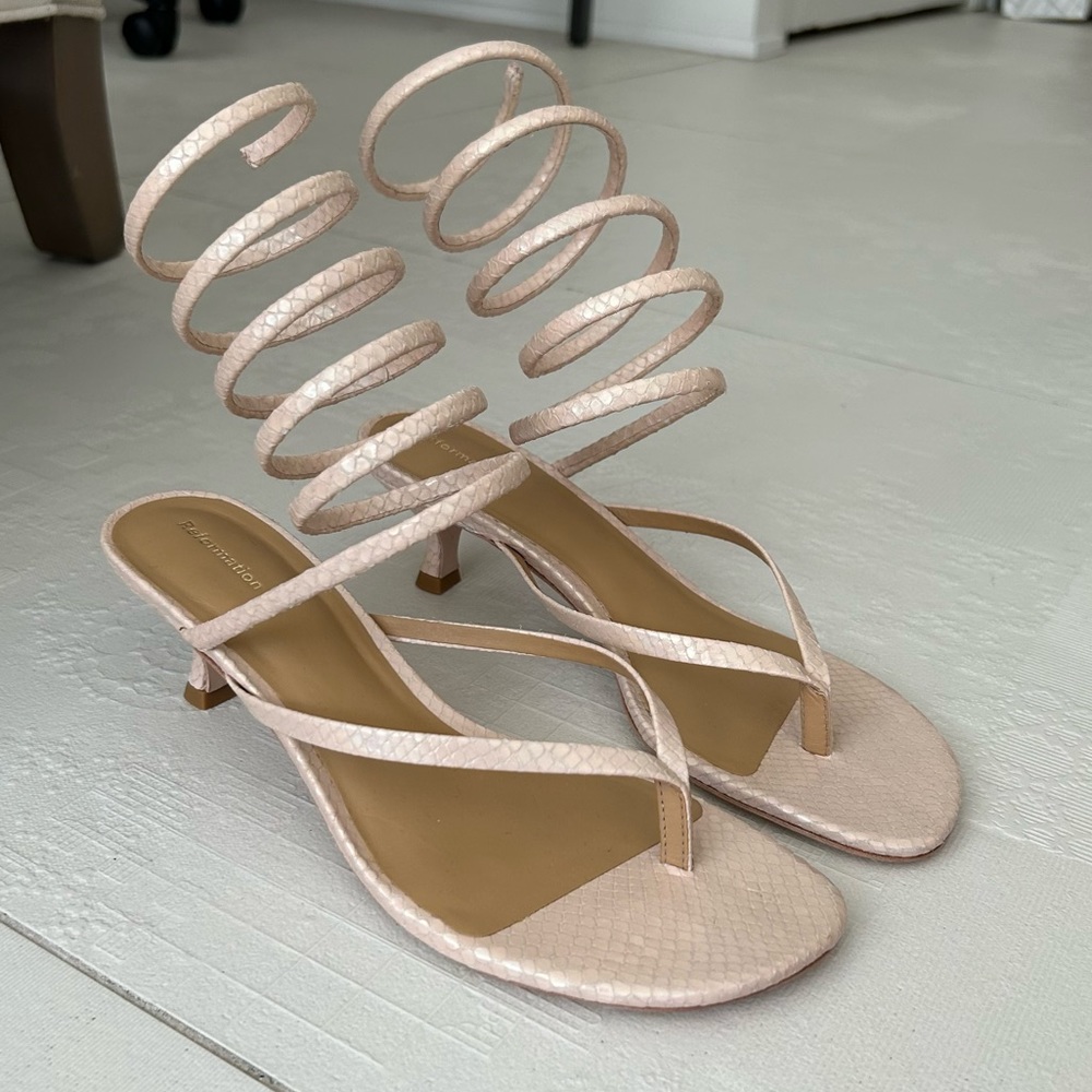 Reformation Nude Holographic Snakeskin Spiral Strap Heeled Sandals
